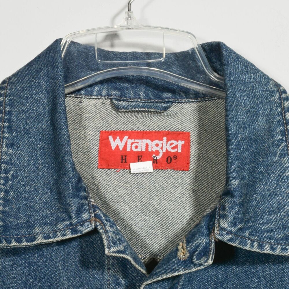 Vintage 90s Wrangler Hero Blue Denim Button Up Trucker Jean Jacket Sz 2X - Picture 3 of 3
